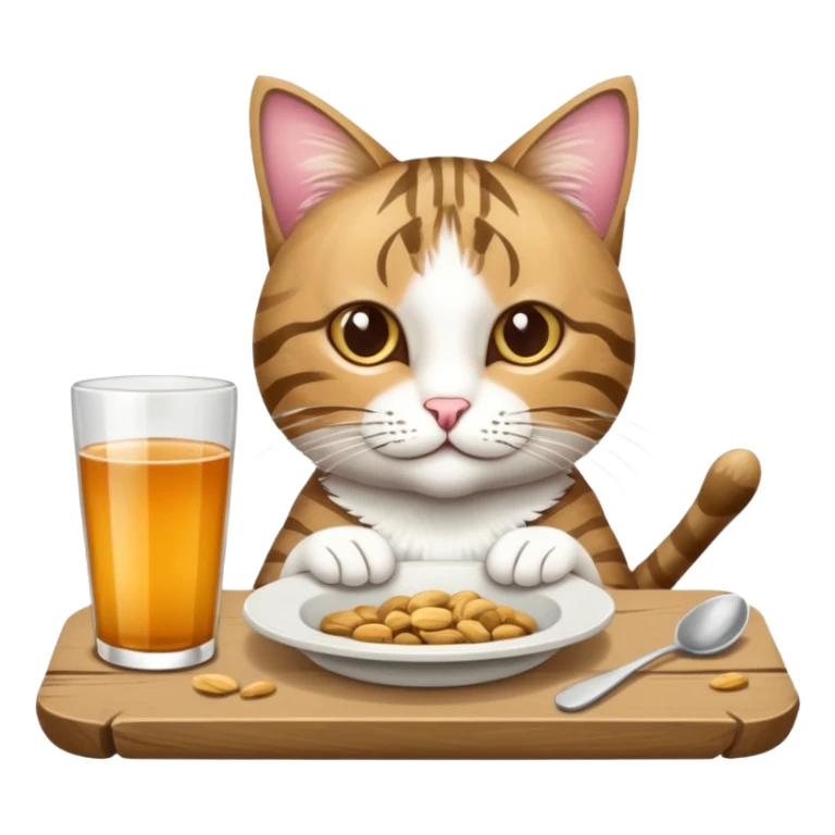 grau weiße Katze auf Tisch mit einem Teller Frikadellen vor sich sticker