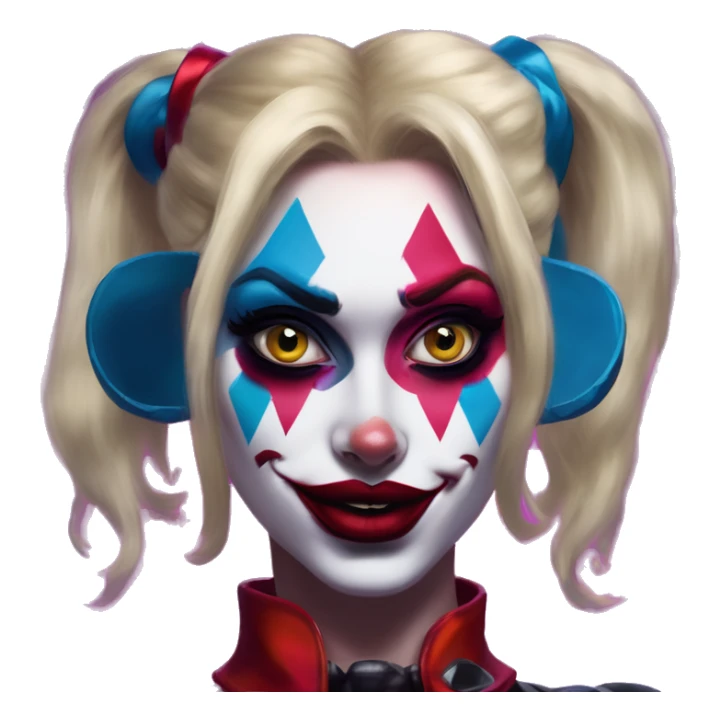 Synthwave Harley Quinn in Uncle Scrooge style, oil paint, mysterious eyes, intricate lips, masterpiece pose, beautiful, desirable, logical sticker