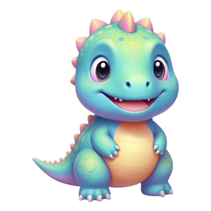 Cinematic tiny pastel dinosaur, chubby round body, tiny feet, big sparkling eyes, soft glowing colors, happy and friendly expression, radiating warmth. sticker