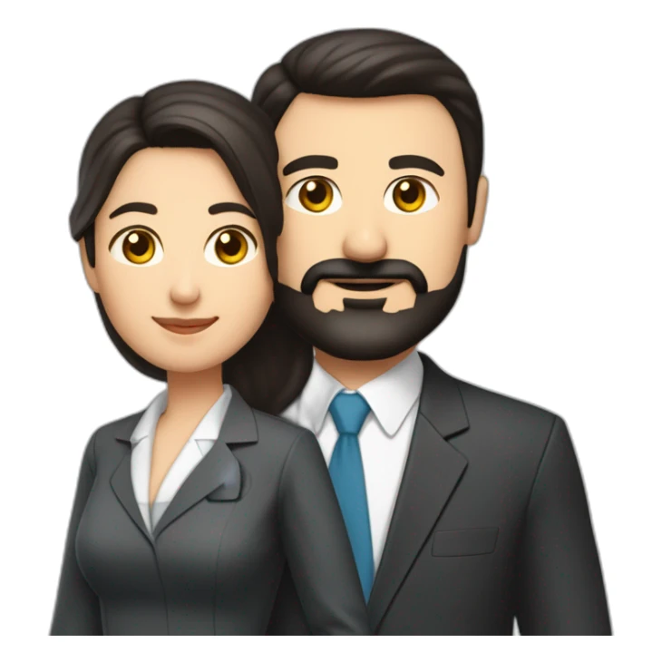 husband classic middle aged executive dark hair trimmed beard wearing business suit holding bible, with wife asian age 55 dark hair wearing nurse uniform sticker