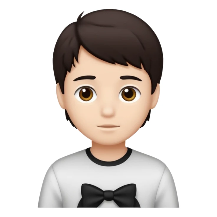 Dark brown hair, black and white color and is a boy sticker