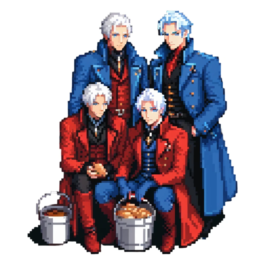 Dante and Vergil from Devil May Cry sitting together in a KFC family bucket, Dante in red coat, Vergil in blue coat, both with white hair sticker