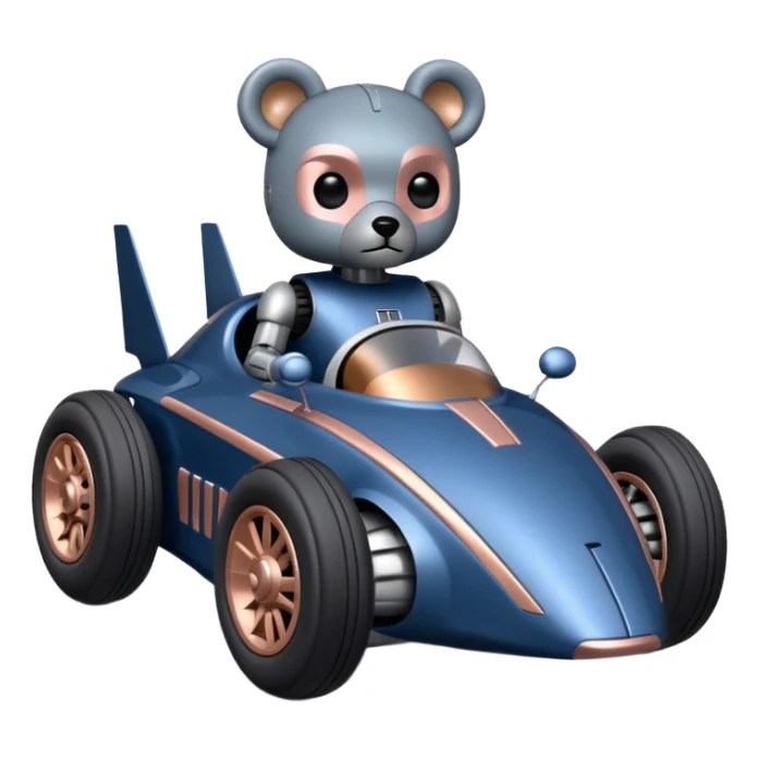  Metallic dark blue and rosegold-accented  racing car for furry-faced grey bearded evil alien scary robot teddy bear and passenger with custom aero body and rear spoiler (Star Wars style) sticker