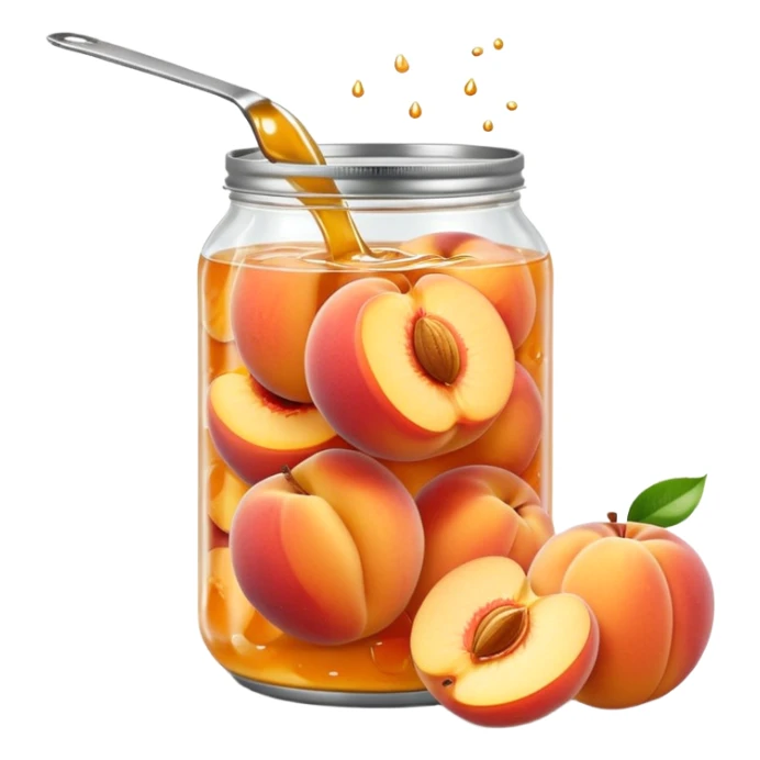 open metal can filled with golden peach halves submerged in glossy light syrup, smooth plump slightly translucent fruit pieces nestled in clear liquid, simple can no label or branding, apple emoji style, soft lighting, subtle shadows, transparent background, emoji scale sticker