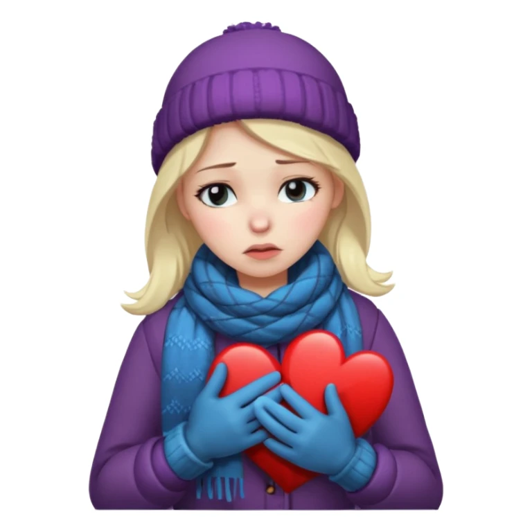 woman broken hearted, looking down sad, about to cry. holding her heart breaking, wearing a winter outfit sticker