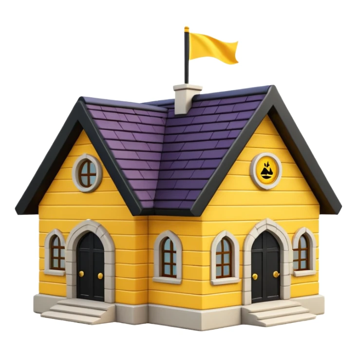 simple school, white background, magic school, black roof, with a big flag, big flag on a roof, big yellow flag, white school sticker