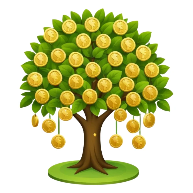 Apple-style money tree, round soft green canopy.
No pot, no ground — only the tree.
Small gold coins as fruits inside the leaves (not below).
Flat 2D vector, clean shapes, no gradients.
Dark near-black background, premium fintech icon. sticker