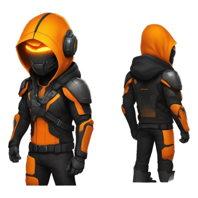 developer behind his laptop with this style : crysis Cyberpunk Valorant orange glowing bright orange character orange black hooded assassin themed character sticker