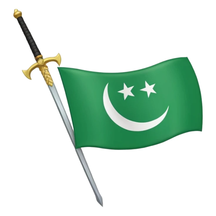 hazara flag, green background, half moon emblem in top right corner with one sword crossing. sticker