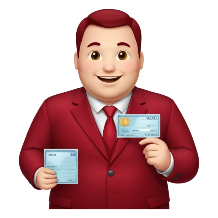 huge fat guy bold head in dark red velvet suit holding cheque sticker