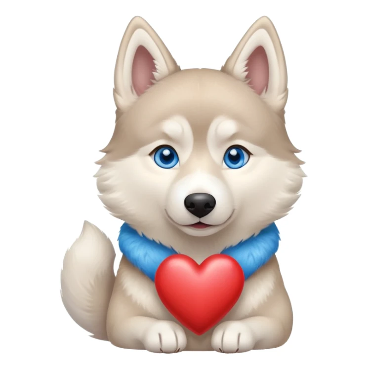 Beige husky with blue eyes holding a big heart sticker