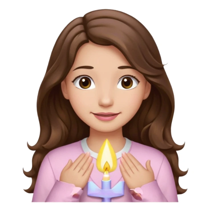 girl with wavy long brown hair, brown eyes, light to medium complexion, long lashes, light pink lipstick, praying, smiling, wearing light pink shirt sticker