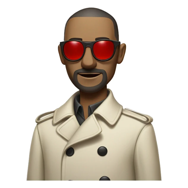 <excerpt>
A 1930s white man with real buzz cut Black hair, beard stubble donning small red tinted sun glasses in a dirty white trench coat, is serious.
</excerpt> sticker