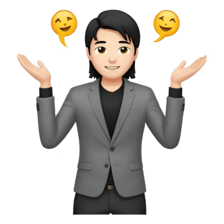 asian young man with long black hair falling on the forehead in grey blazer and black t-shirt smiling  sticker