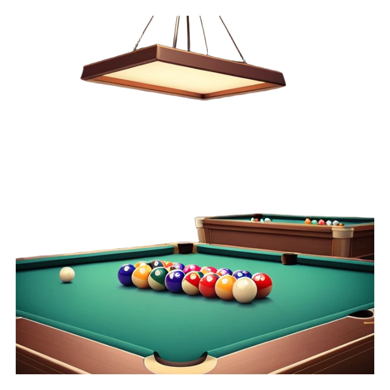 A well-arranged pool table with colorful billiard balls neatly placed, and a cue stick poised to take a shot. The setting is a dimly lit room with a focused atmosphere, highlighting the precision and strategy involved in the game of billiards. sticker