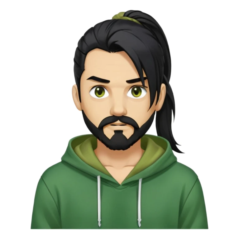 guy with long black hair, pony tail style, golden eyes, black moustache, black long beard with some white hairs, ripped green hoodie sticker
