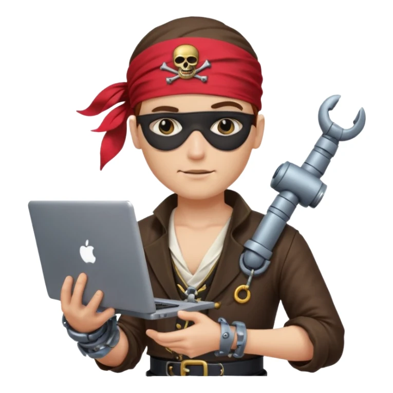 pirate with a robotic arm, holding a laptop, wearing a bandana and eye patch, digital era pirate sticker