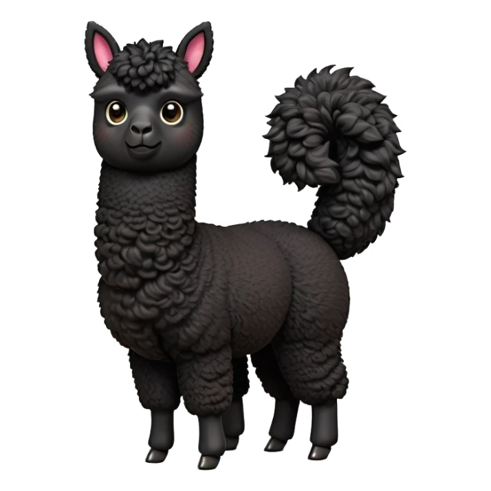 cinematic-[black alpaca]-realistic-full-body-standing-emoji,-tail-flicking-lazily,-head-tilted-dramatically,-curly-[black]-coat,-simplified-yet-realistic-focused-features,-highly-detailed,-glowing-with-an-almost-sarcastic-glow sticker