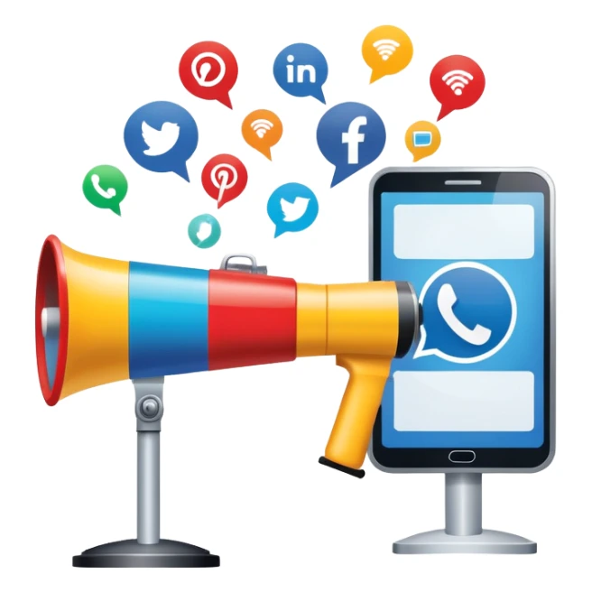 An icon featuring a megaphone, a press release, and a social media icon, symbolizing advertising and public relations. The design includes a billboard and communication network lines, representing brand promotion and media outreach. Transparent background highlights the power of communication. sticker