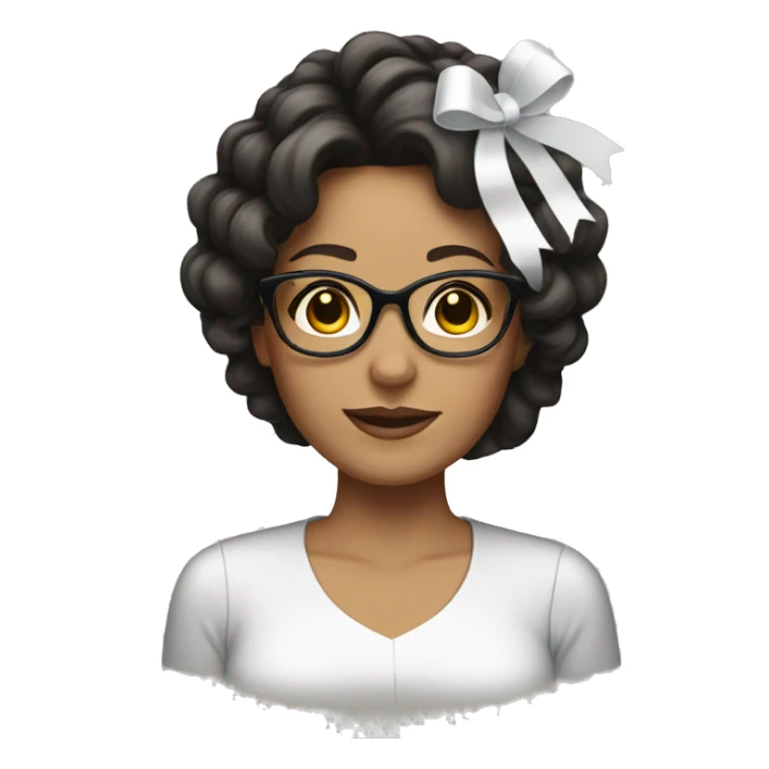 A brunette woman with glasses and a white ribbon hair accessory sticker