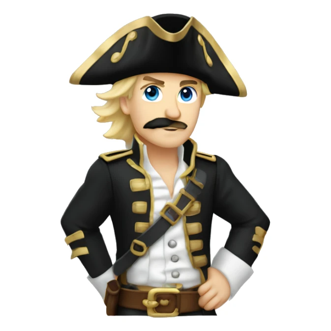 Male pirate black captain hat black sash black moustache blue eyes short blond hair  sticker