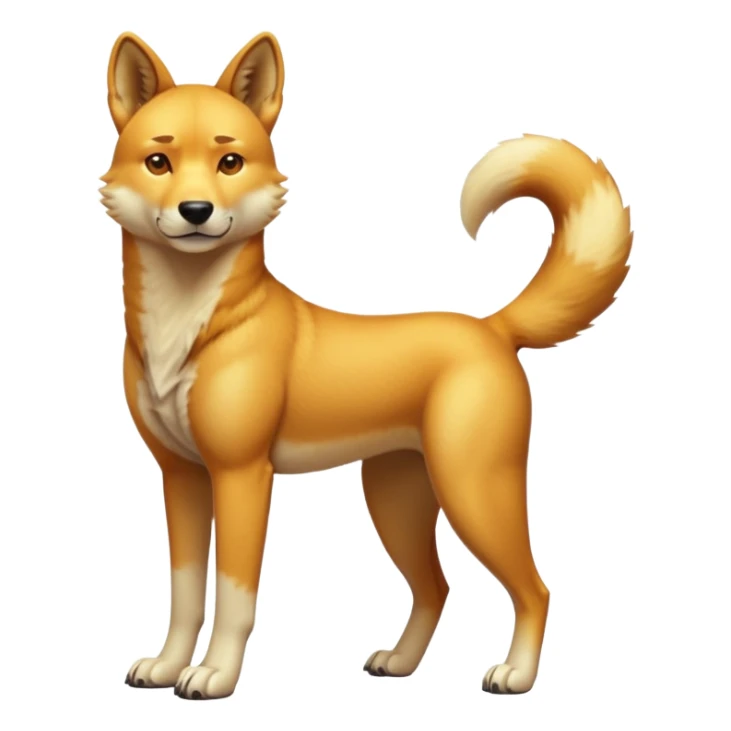 cinematic-dingo-realistic-full-body-standing-emoji,-lean-muscular-frame-poised-alertly,-golden-amber-fur-glowing-in-the-sun,-head-tilted-dramatically,-sharp-dark-eyes-filled-with-cunning,-simplified-yet-realistic-focused-features,-highly-detailed,-glowing-with-an-almost-sarcastic-glow sticker