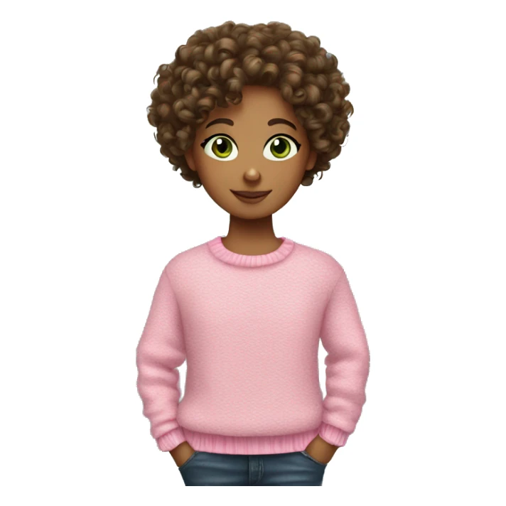 Brunette curly hair curl with green eyes and pink sweater sticker