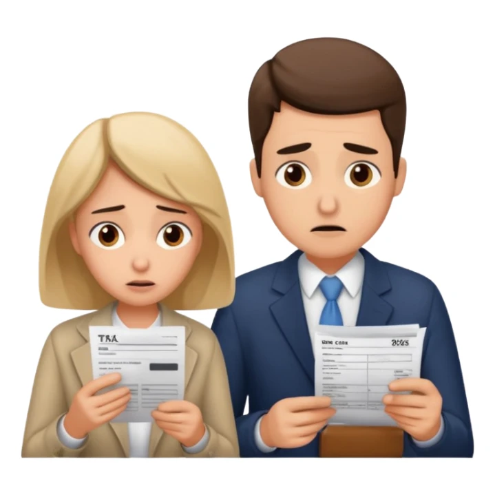 worried couple in front of taxes sticker