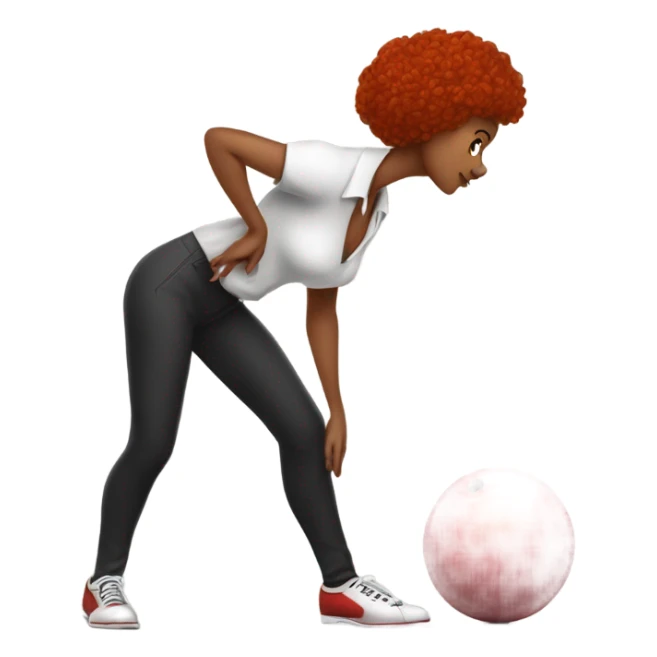 Black red-headed, female dancer bowling, in a standing, slightly bent over stance holding a bowling ball appropriate in size to their size sticker