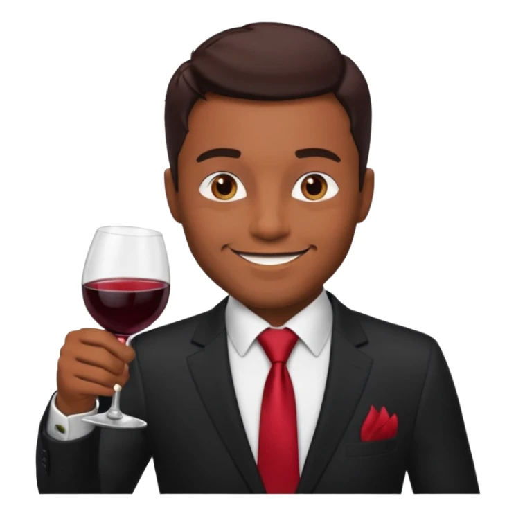 Man with black suit and red tie, brown skin, handsome, drinking wine with a happy face sticker