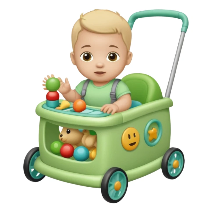 green baby walker with toys on it and on baby sticker