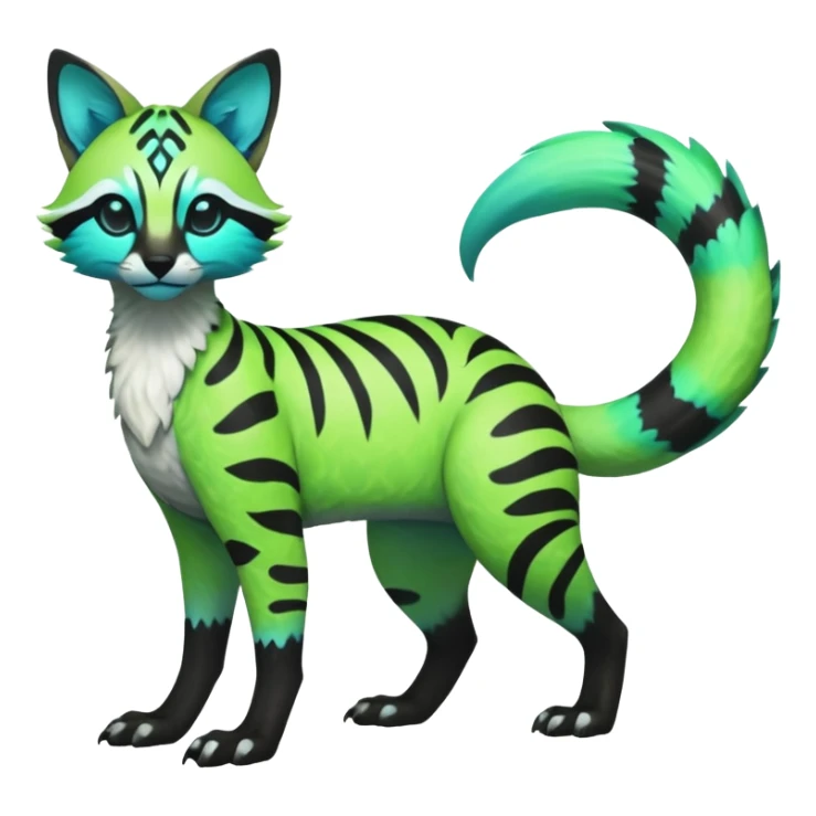 Rare realistic iridescent neon lime-green & cyan white black lush tropical exotic edgy epic pretty beautiful handsome gorgeous aesthetic colorful vibrant Vernid-Protogen-Primagen-Genet-Trico-species-Fakemon-hybrid-creature by LiLaiRa, beautiful intricate markings, full body sticker