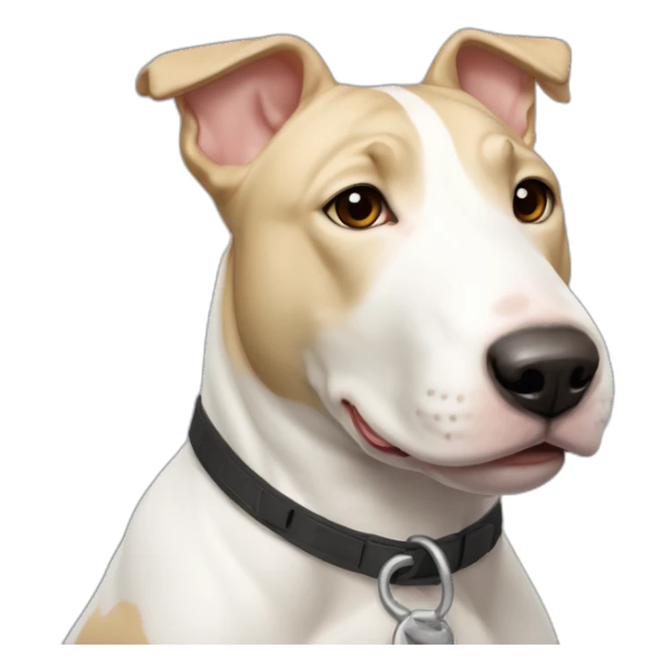 White bull terrier cross with light tan patch and pale nose sticker