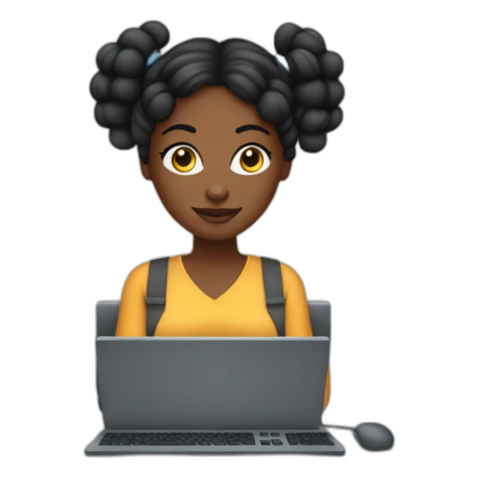 A black woman with space buns behind a computer screen, working in the field of technology sticker