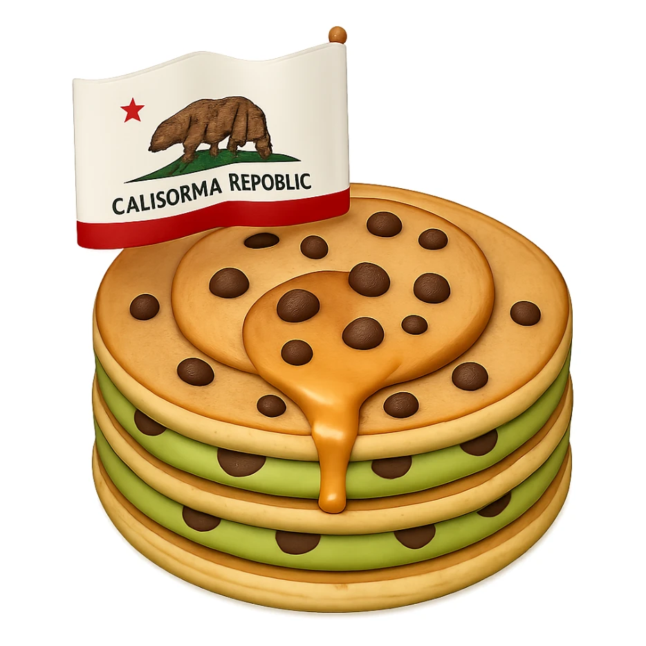 Add chocolate chips to the single pancake topped with avocado and a small California flag. Keep no background. sticker