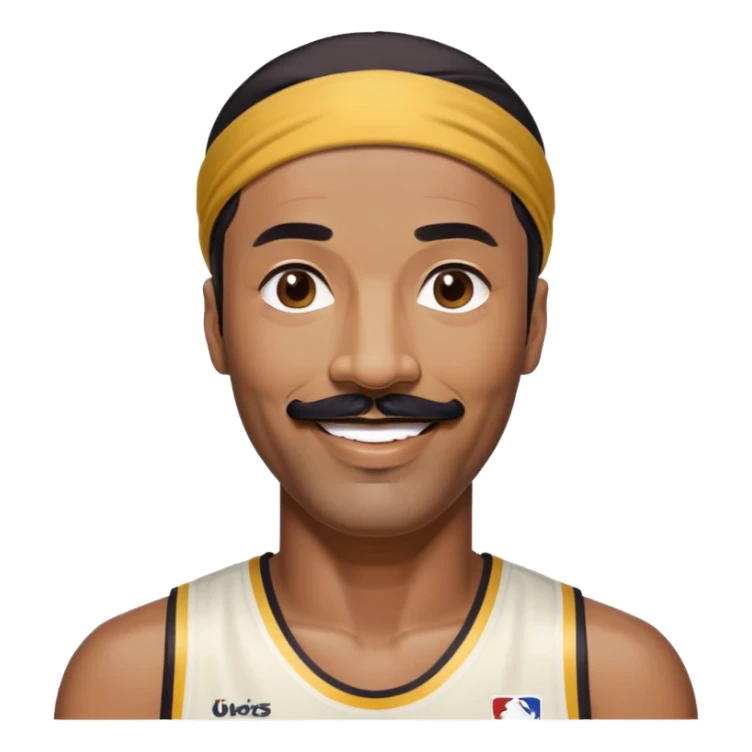 Wilt Chamberlain, tall, black short hair, mustache, headband, smiling sticker