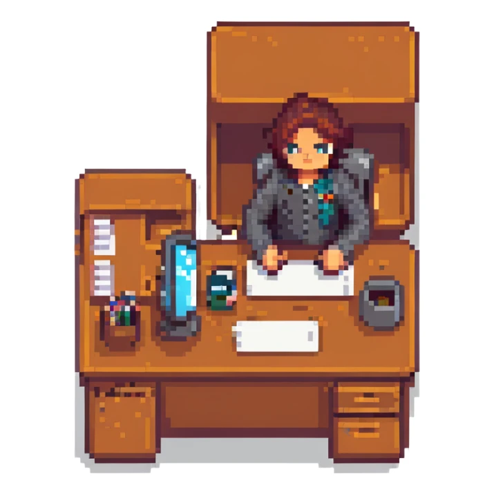 Ders character, pixel art style, sitting at a desk sticker