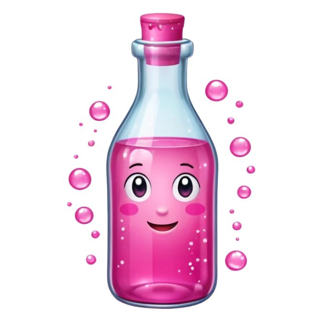 love spell. A cartoon a cute glass bottle with pink liquid, labeled “obsessed”, with sparkles swirling around. sticker