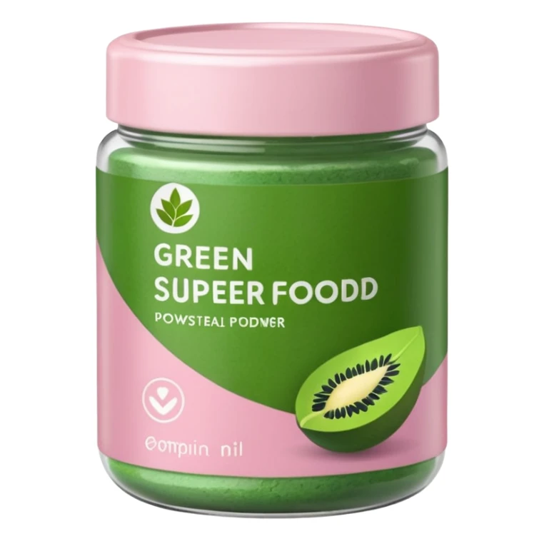 Transparent container of green superfood powder, pastel pink label sticker