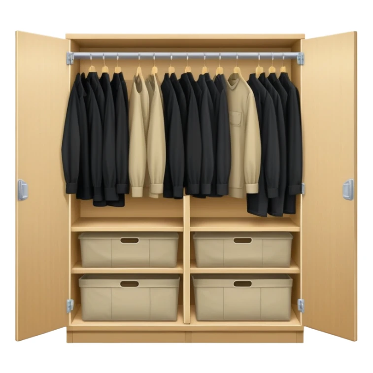 Wardrobe with both doors open showing organized collection of black shirts, khaki pants and overalls for work sticker