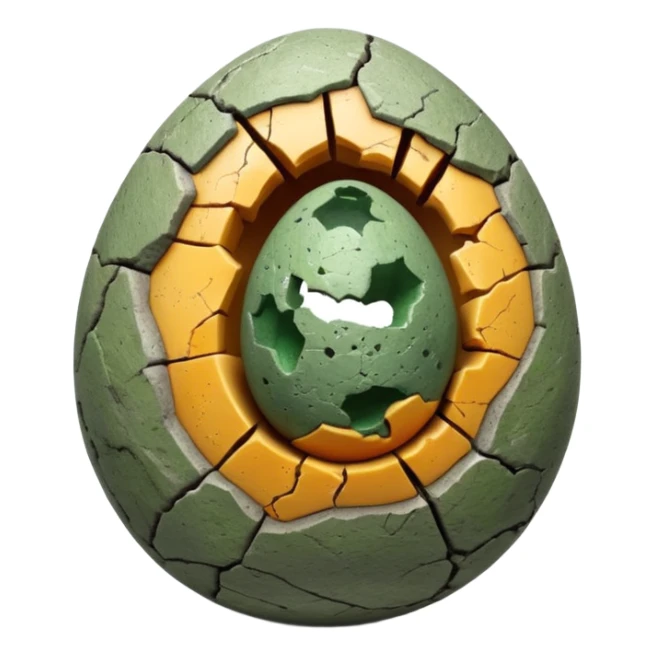 3D render of Dino Egg, embedded in a chunk of rough sedimentary rock, cracked stone texture, ancient fossil aesthetic, speckled greenish-grey stone egg with a crack, matte dry finish, Apple emoji style, isolated on white background --v 6.0. sticker