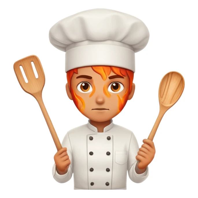 determined chef with fiery eyes, holding spatula sticker