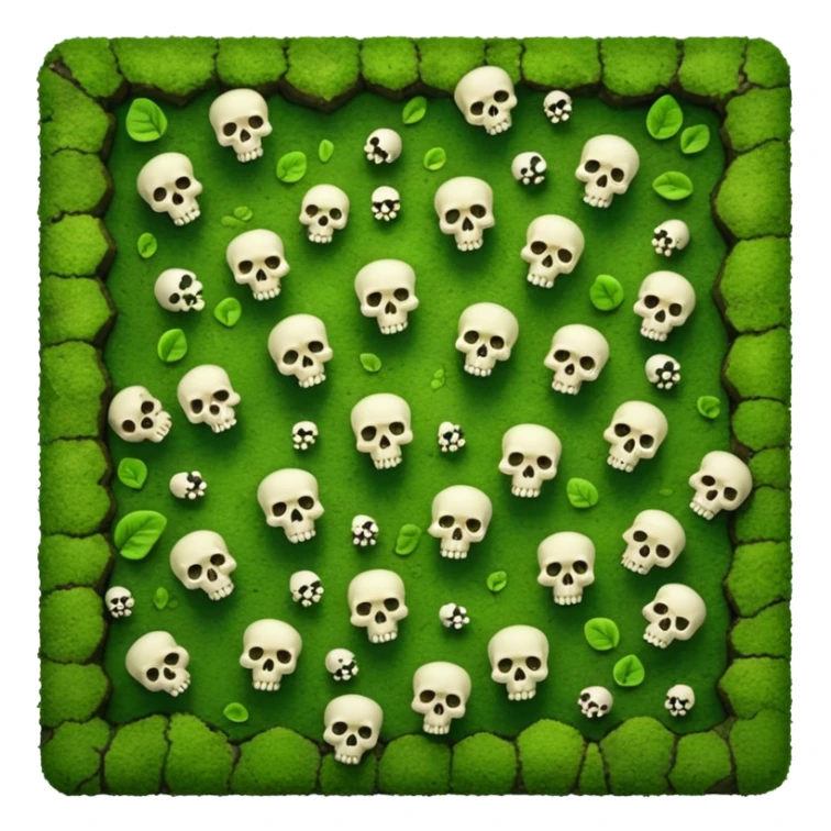 A creepy moss covered ground with skulls from a top down perspective. In the style of your bleeding skull art. In a realistic style covering the whole screen with little tint skulls. No border, all moss sticker