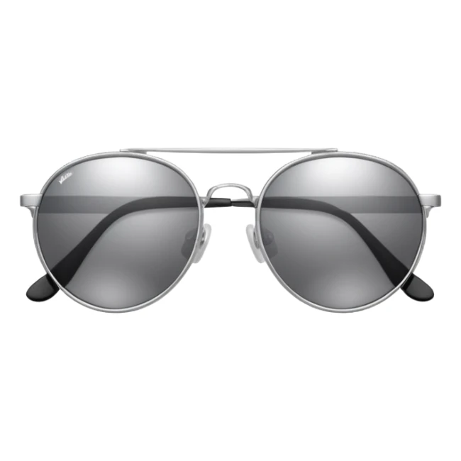 A pair of luxury sunglasses emoji with silver chrome frame, smooth rounded lenses, reflective metallic surface, high-end swag aesthetic, minimal and clean design, iOS emoji style, centered, white background sticker