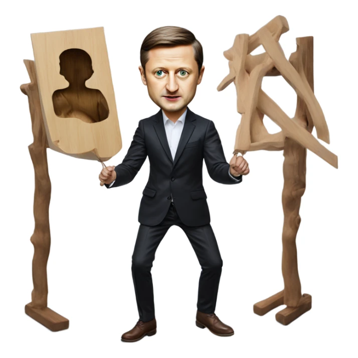 Hyper realistic Vladimir Zelensky pulls the strings of a wooden doll sticker