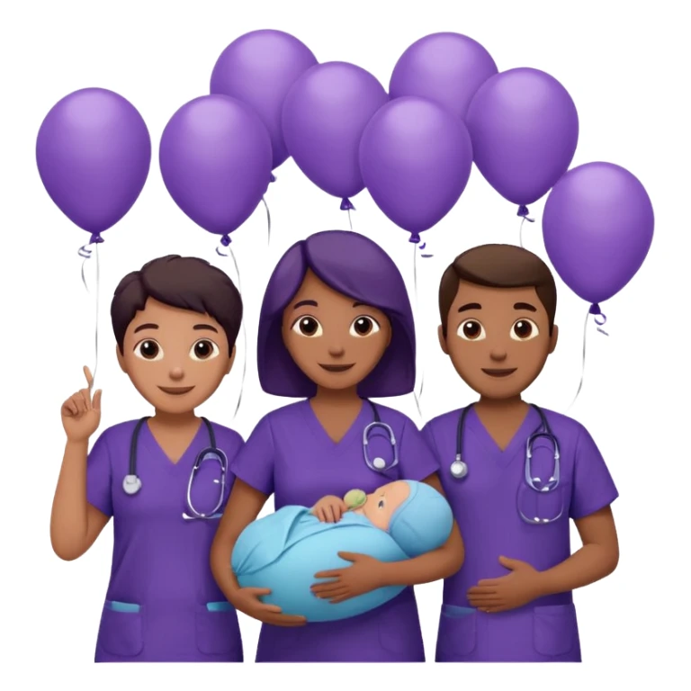 Create Happy & celebrating team faces for a hospital with a newborn saved with dress color as dark voilet sticker