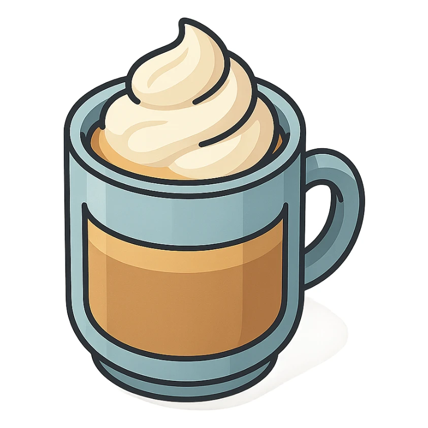 coffee mug with whipped cream, isometric view, 2D isometric style, detailed drawing, detailed shadows and highlights, clean contours, soft lighting, transparent background sticker