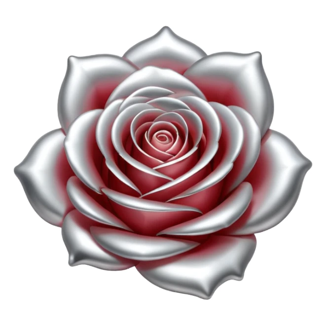 A rose emoji made of liquid silver metal minimalistic iOS emoji style, centered, sticker