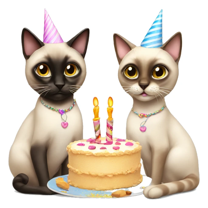 two siamese cats at a birthday party eating cake sticker