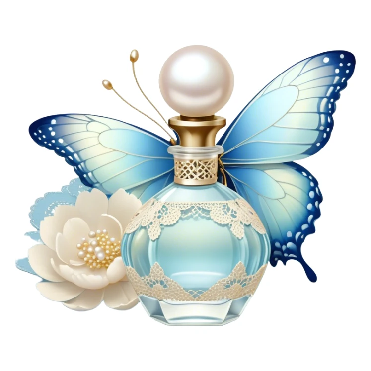 A delicate glass perfume bottle with an iridescent pearl finish rests on a vintage lace doily. A pale blue butterfly flutters nearby, its shimmering wings catching the soft golden light. Scattered white peony petals and a string of pearls add a touch of timeless elegance. sticker